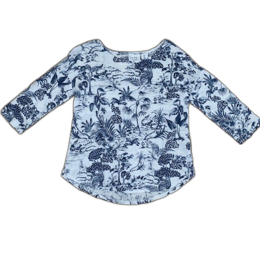 Nicole Miller 100% Linen Blue & White Trendy Cottage Print 3/4 Sleeve Top